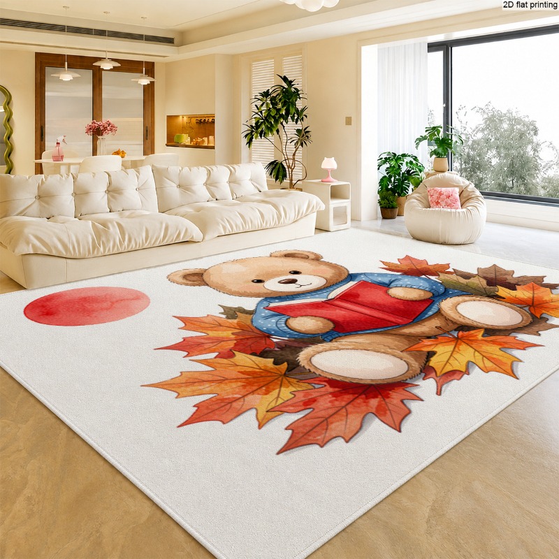 Commercial Book Printing Machines - Herbst-Teddybär-Bücherleseteppich mit Ahornblatt-Aquarell-Druck, großer Bodenteppich, saisonale